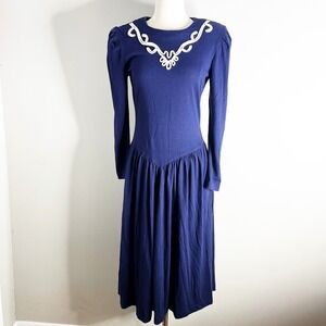 Vintage S. Roberts Blue Cottagecore Long Sleeve Midi Dress Womens 9/10 80s